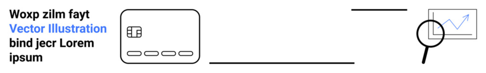 Credit card with EMV chip, magnifying glass examining a growth chart. Ideal for financial analysis, banking, business growth, data examination, investment strategies, market trends, security
