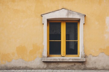 Yellow wall with wooden windows encapsulating rustic charm in a quaint setting
