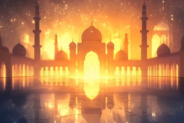 Golden Mosque Reflecting In Still Waters At Night