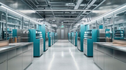 Fototapeta premium Modern retail space with teal display units and stainless steel counters