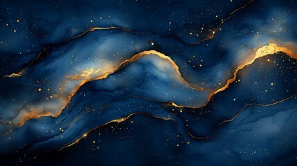 Abstract Blue and Gold Swirling Ink Art Design