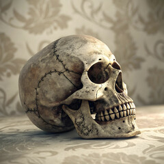 A vintage-style skull illustration with intricate details, capturing an old-school,