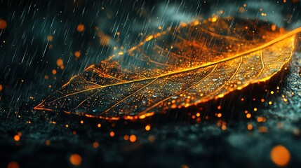Rain on fiery leaf, bokeh background, likely nature or weather illustration.