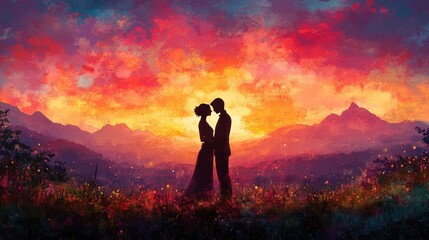 Obraz premium Silhouette of couple against vibrant sunset landscape