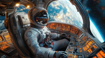 Astronaut operating controls in spacecraft near Earth