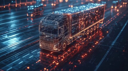 Futuristic digital truck in a smart city.