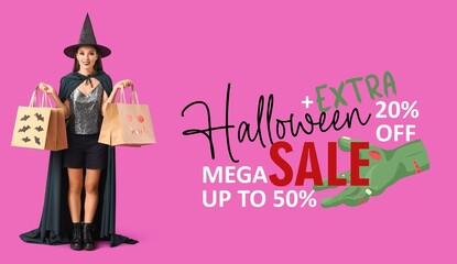 Young woman dressed as witch with shopping bags on purple background. Banner for Halloween sale