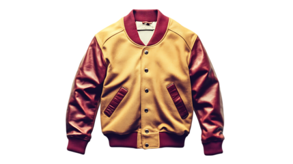 A stylish varsity jacket featuring a combination of yellow and maroon colors.