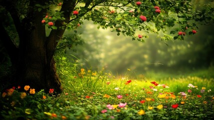 Serene Garden Scene With Blossoming Tree And Flowers