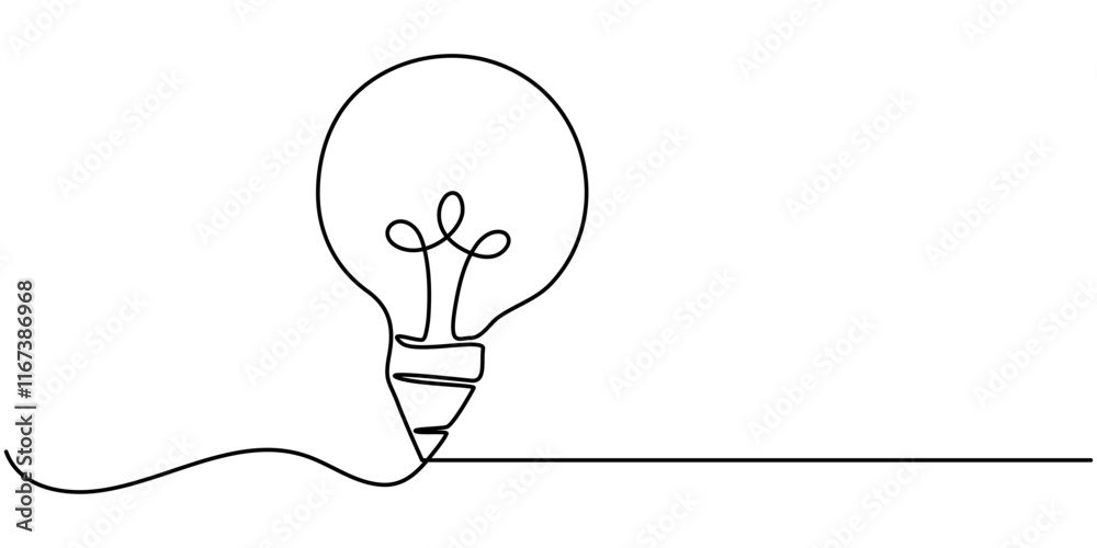 Poster continuous one line drawing of pencil with idea light bulb combined into symbol, creative energy des