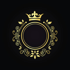 Ornate circular emblem with gold scrollwork floral patterns and crown on a luxurious black background  
