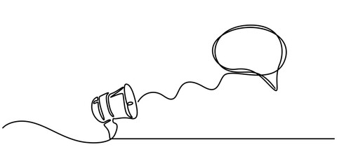 Continuous single line sketch drawing of megaphone speaker with bubble chat. One line art of sound tool equipment vector illustration, One continuous line drawing of loudspeaker bullhorn with speech. 