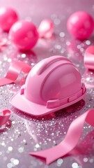 Vertical illustration featuring a construction pink helmet on a festive pink background and balloons, blank space for text