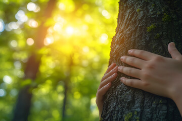 Close-up of a hand hugging a tree trunk in a forest
