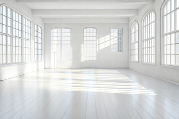 Fototapeta premium Empty Room with White Walls, Hardwood Floors, and Large Windows for Customization