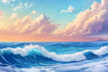 An enchanting ocean scene with vibrant blue waves gently rolling towards the shore, highlighted by white, foamy crests. 