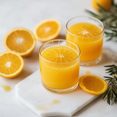
A glass of orange juice on a white background, high-resolution photography, stock photo, high quality.