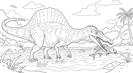 Prehistoric spinosaurus illustration.  Extinct dinosaur coloring page.  Nature animal hunting fish. © Miftakhul