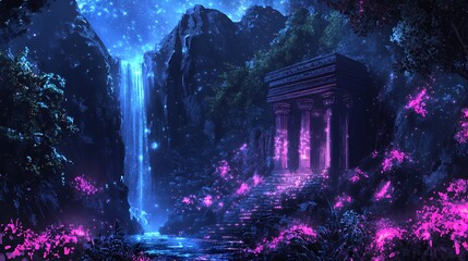 Enchanting Temple Waterfall Night Scene Fantasy Art