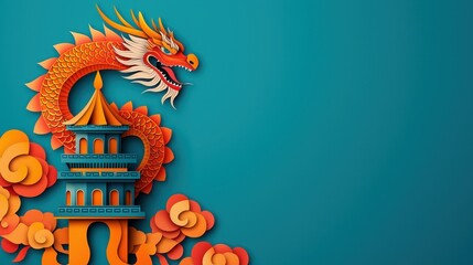 Colorful dragon design with a pagoda and clouds on a vibrant teal background. Chinese New Year concept