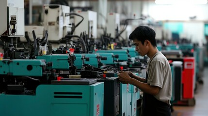 Factory Worker Operating Industrial Textile Machinery