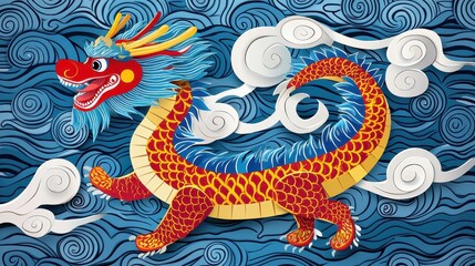 Vibrant paper dragon design amid swirling clouds on a blue background. Chinese New Year concept
