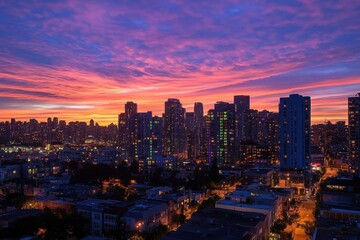 Fototapeta premium Vibrant sunset over a city skyline with illuminated buildings.