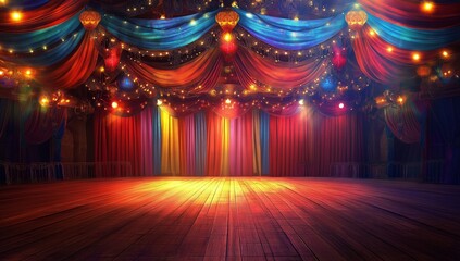 A large stage with colorful drapes and lights for an indoor circus show, without any performers. The background features vibrant reds, blues, oranges, and yellows, creating a lively atmosphere. 