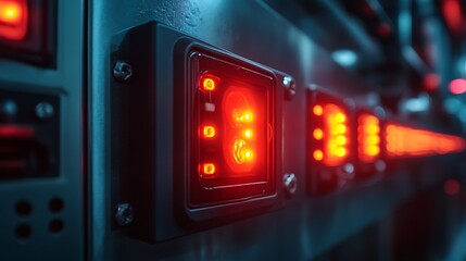 A close-up of a futuristic control panel with glowing red lights and buttons