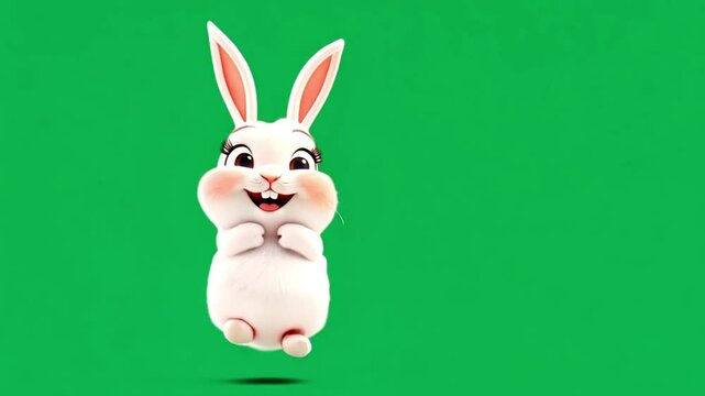 Cute Easter bunny on green screen background. Animation of a cute bunny playfully bouncing 4k video chroma key