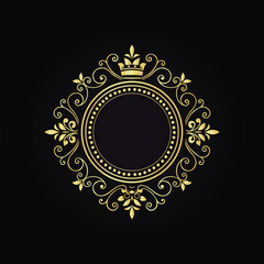 Ornate circular emblem with gold filigree patterns and crown on a sophisticated black background  
