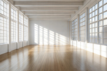 Obraz premium Empty Room with White Walls, Hardwood Floors, and Large Windows for Customization