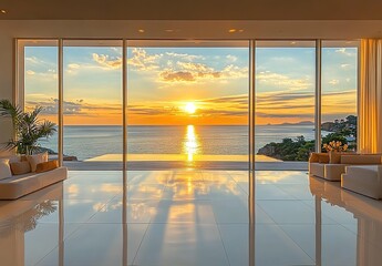 Fototapeta premium Beautiful view of the sea from inside a modern luxury villa with large windows and white tiles on the floor