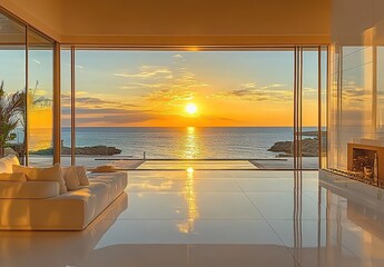 Fototapeta premium Beautiful view of the sea from inside a modern luxury villa with large windows and white tiles on the floor