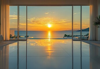 Beautiful view of the sea from inside a modern luxury villa with large windows and white tiles on the floor