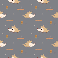 Hedgehog cartoon so cute. On tree stick gray background. Pattern seamless vector illustration. 