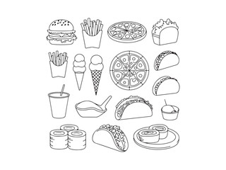 food and drink icons set line art vector.
