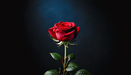 Fototapeta premium single red rose isolated, flowers and petals with dark backdrop; studio image of a fresh rose with stem and leaves, close up 