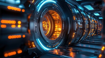 Futuristic Sci-Fi Corridor with Glowing Blue and Orange Lights
