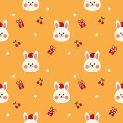 Face rabbit cartoon so cute. On gift cherry yellow background. Pattern seamless vector illustration. 
