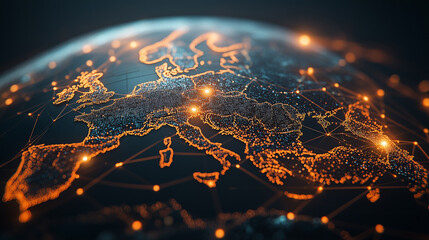 Planet earth rotating showing european business hub with interconnected glowing dots