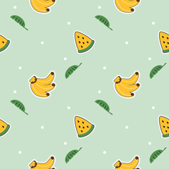 Banana cartoon so cute. On watermelon leaf green background. Pattern seamless vector illustration. 
