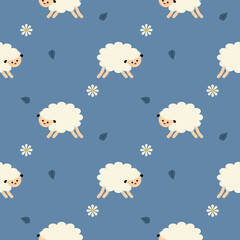 Sheep cartoon so cute. On flower leaf blue background. Pattern seamless vector illustration. 