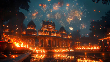 Glowing Lights and Fireworks Illuminate the Night Sky at a Hindu Temple Generative AI