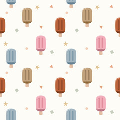 Ice cream cartoon so cute. On geometry star white background. Pattern seamless vector illustration. 