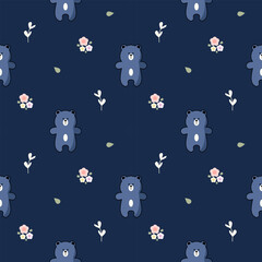 Bear blue cartoon so cute. On flower leaf blue background. Pattern seamless vector illustration. 