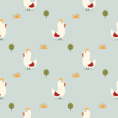 Chicken cartoon so cute. On sun tree background. Pattern seamless vector illustration. 
