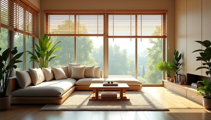Bright and Inviting Living Room with Large Windows, Wooden Blinds, and Minimalist Furniture 