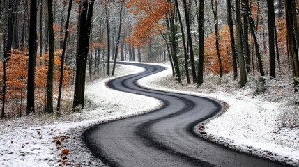 Winding Road Through Snowy Autumn Forest