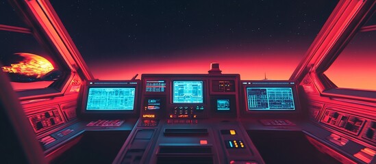 Obraz premium Futuristic spaceship cockpit with vibrant red and blue lighting, overlooking a fiery planet.